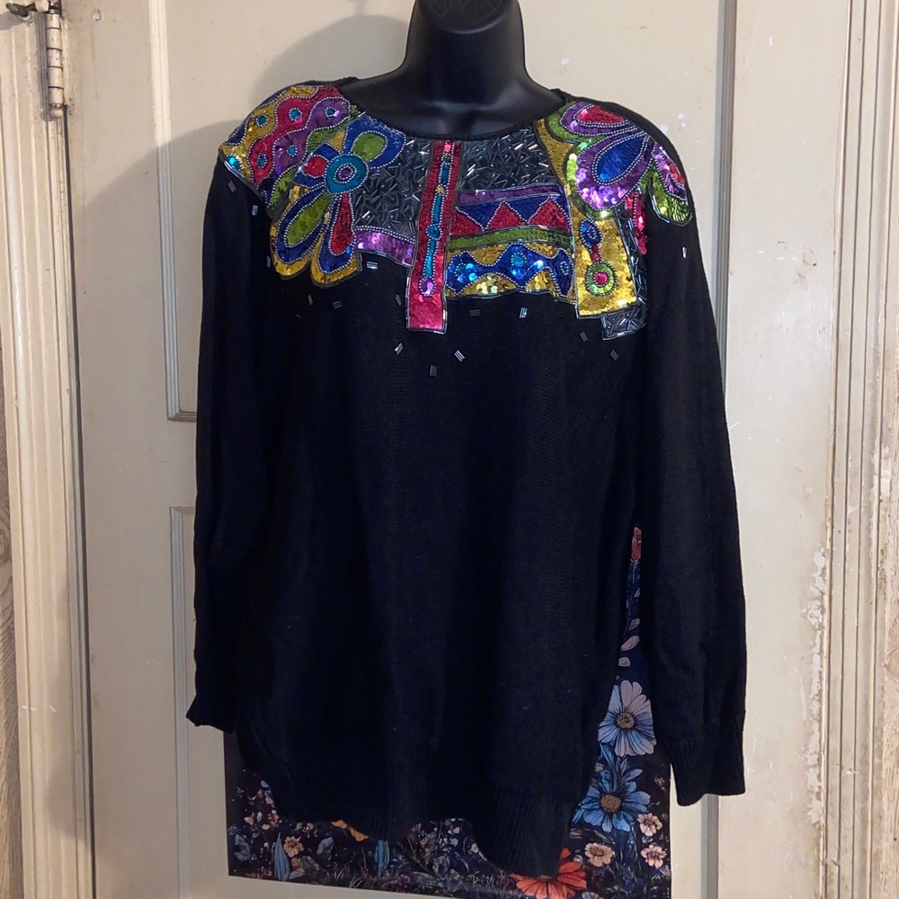 BEADED BLACK SWEATER Vintage P. A. Intl Sooooo BEAUTIFUL 80s 90s